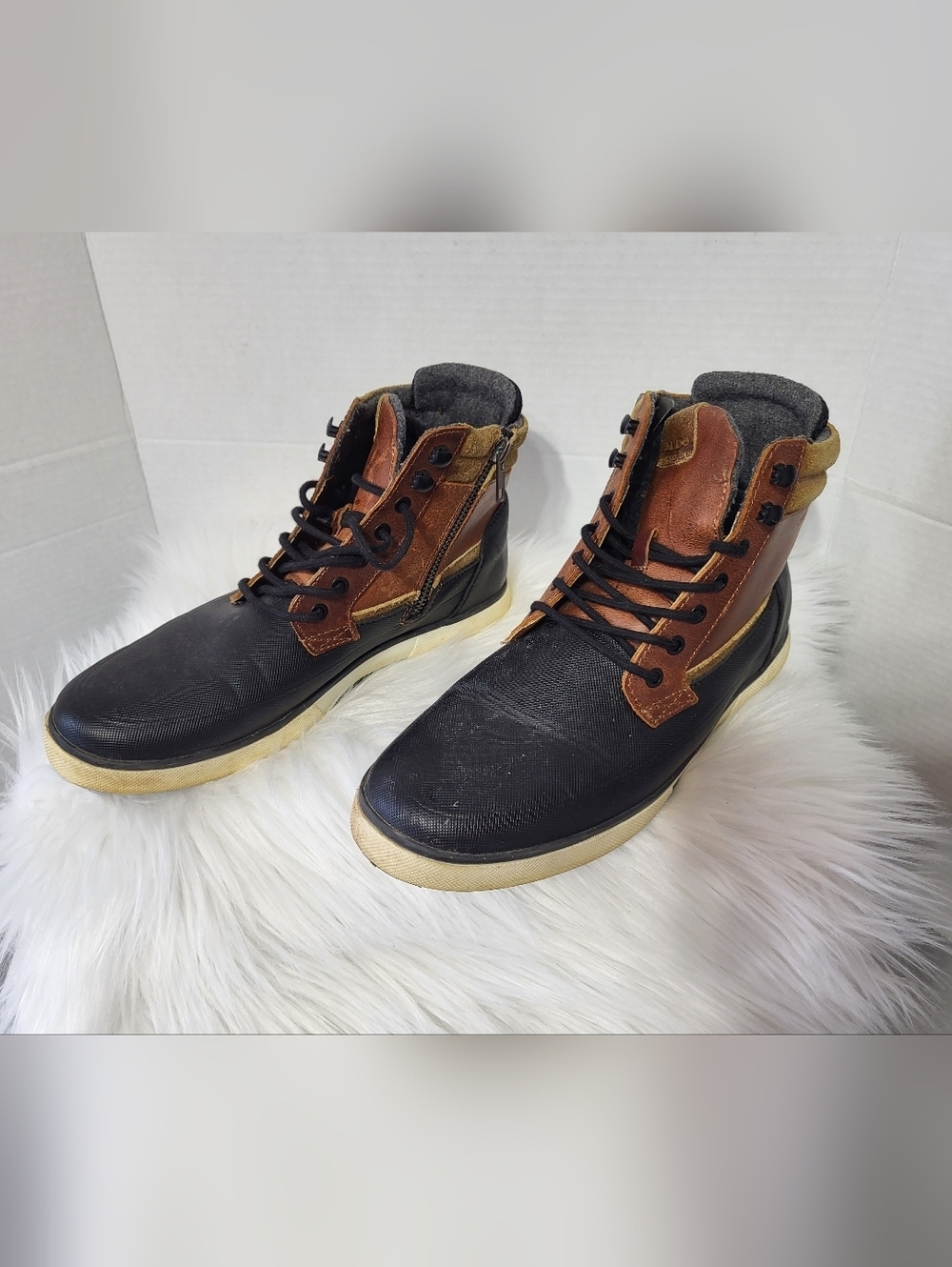 Aldo Black and Brown High-Top Boots, Size 7.5